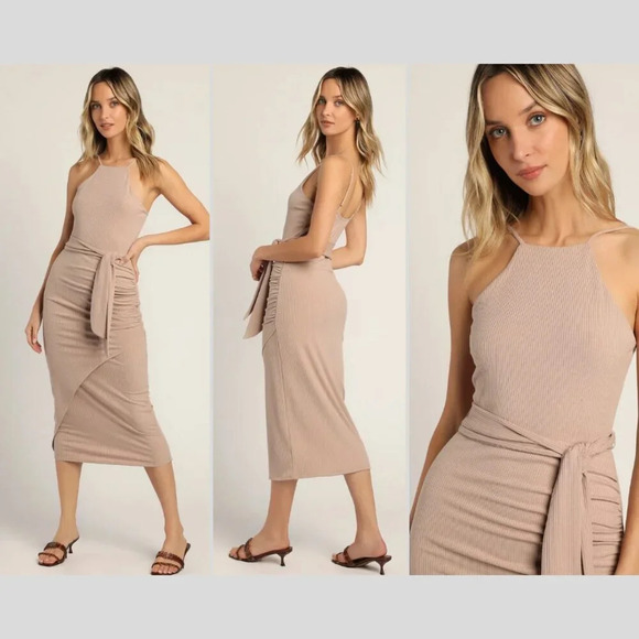 Lulus Out Ahead Tan Ribbed Ruched Halter Midi Dress 33182 - Picture 1 of 13